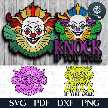 Evil clown door hanger SVG DXF vector layered Halloween decoration for laser cutting with Glowforge, Xtool, Cricut, CNC plasma machines, scroll saw pattern by www.dupercut.com