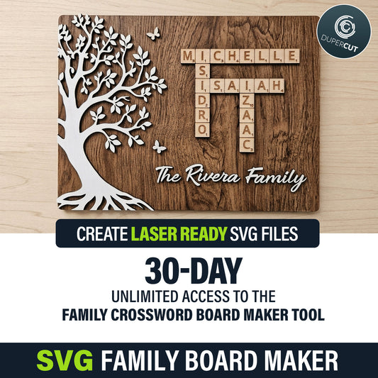 Family name word tile board SVG generator. Create custom crossword-style name signs for weddings, housewarmings and personalised home decor, then download a laser-ready file for cutting. By www.DuperCut.com