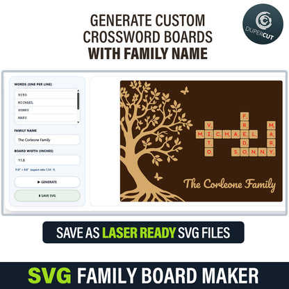 SVG Family Board Maker tool with customizable crossword board design and family name input. Create a laser-ready file for cutting, works with all lasers such as Glowforge, Xtool, Falcon. By www.DuperCut.com