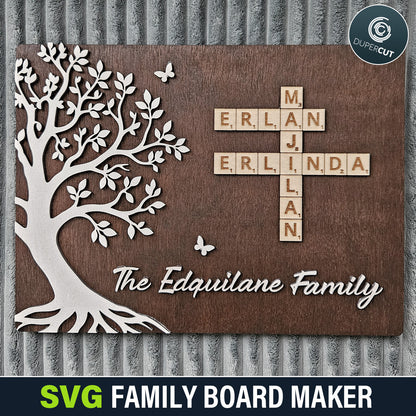 SVG Family Board Maker tool with customizable crossword board design and family name input. Create a laser-ready file for cutting, works with all lasers such as Glowforge, Xtool, Falcon. By www.DuperCut.com