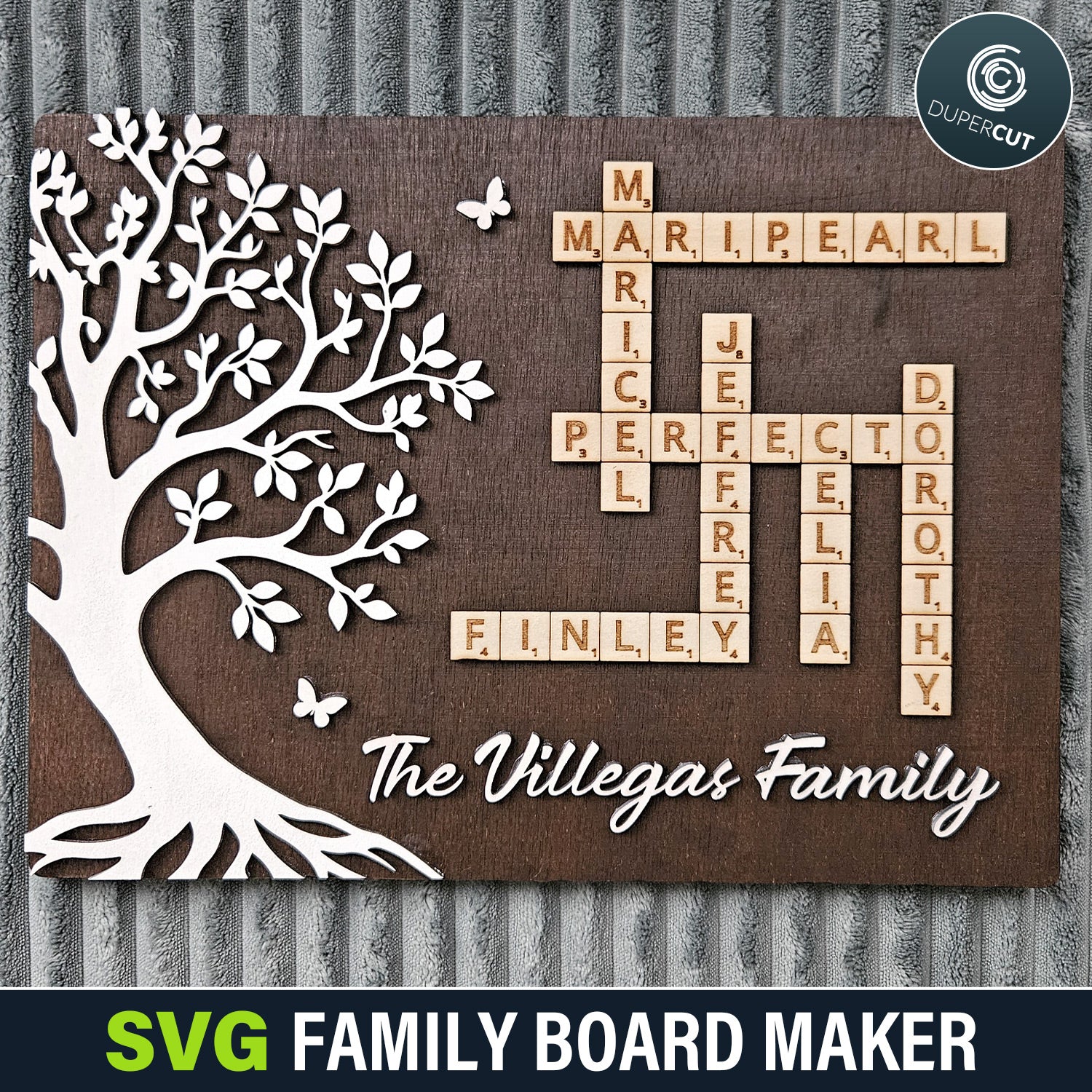 SVG Family Board Maker tool with customizable crossword board design and family name input. Create a laser-ready file for cutting, works with all lasers such as Glowforge, Xtool, Falcon. By www.DuperCut.com