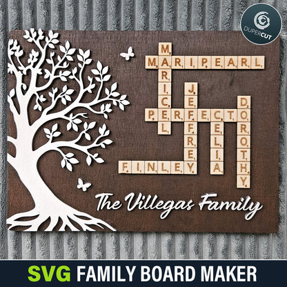 SVG Family Board Maker tool with customizable crossword board design and family name input. Create a laser-ready file for cutting, works with all lasers such as Glowforge, Xtool, Falcon. By www.DuperCut.com