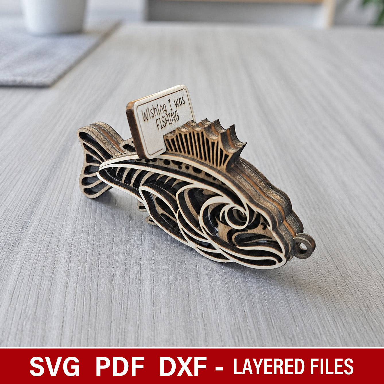 Personalized 3D fish keychain, car mirror charm - father's day love fishing gift - SVG vector file template for laser cutting machines by www.dupercut.com