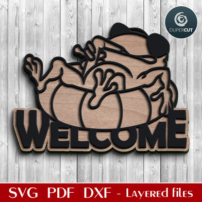 Funny beach frog WELCOME sign - SVG DXF layered files for laser cutting machines Glowforge, CNC plasma, X-tool, Cricut, scroll saw pattern by www.DuperCut.com