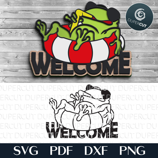 Funny frog with a drink WELCOME sign - SVG DXF layered files for laser cutting machines Glowforge, CNC plasma, X-tool, Cricut, scroll saw pattern by www.DuperCut.com