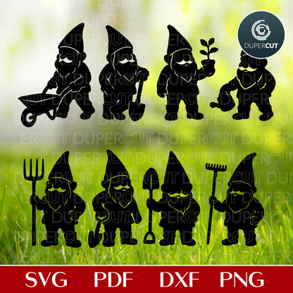 Garden gnomes silhouettes vector files for laser cutting, scroll saw pattern, SVG DXF template for Glowforge, Cricut, Xtool by www.Dupercut.com