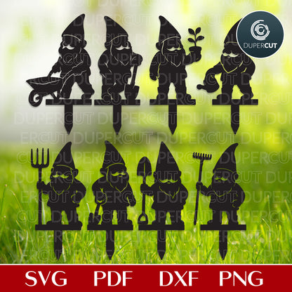 Garden gnomes silhouettes vector files for laser cutting, scroll saw pattern, SVG DXF template for Glowforge, Cricut, Xtool by www.Dupercut.com