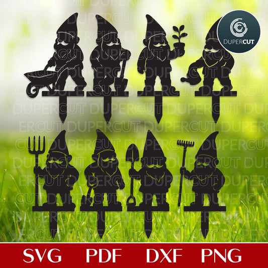 Garden gnomes silhouettes vector files for laser cutting, scroll saw pattern, SVG DXF template for Glowforge, Cricut, Xtool by www.Dupercut.com