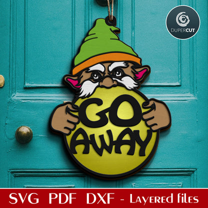 Yard gnome Go Away sign - funny DIY door hangers - SVG DXF layered cutting files for laser Glowforge, Xtool, Cricut, CNC plasma machines, scroll saw pattern by www.DuperCut.com