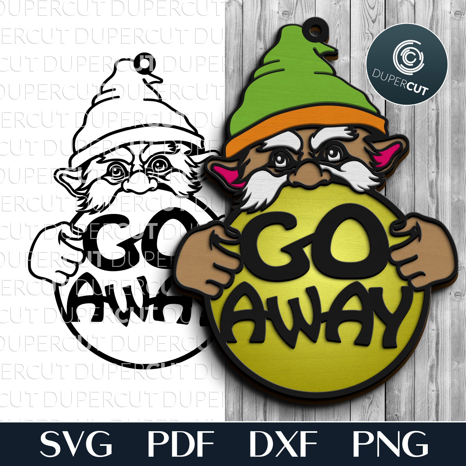 Garden Gnome Go Away sign door hanger - SVG DXF layered cutting files for Glowforge, Cricut, Silhouette, CNC plasma machines, scroll saw pattern by www.DuperCut.com