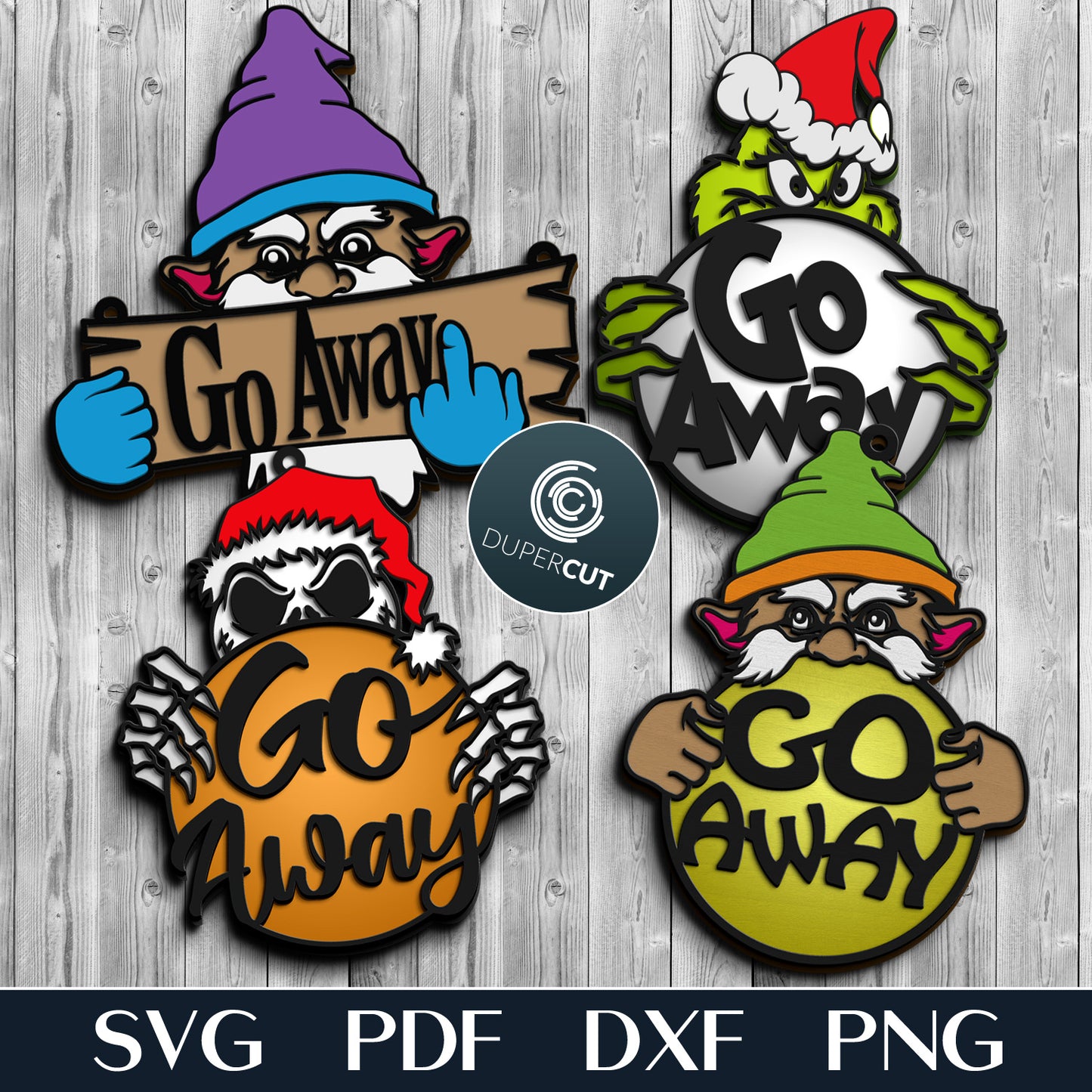 Go Away signs bundle - funny DIY door hangers - SVG DXF layered cutting files for laser Glowforge, Xtool, Cricut, CNC plasma machines, scroll saw pattern by www.DuperCut.com