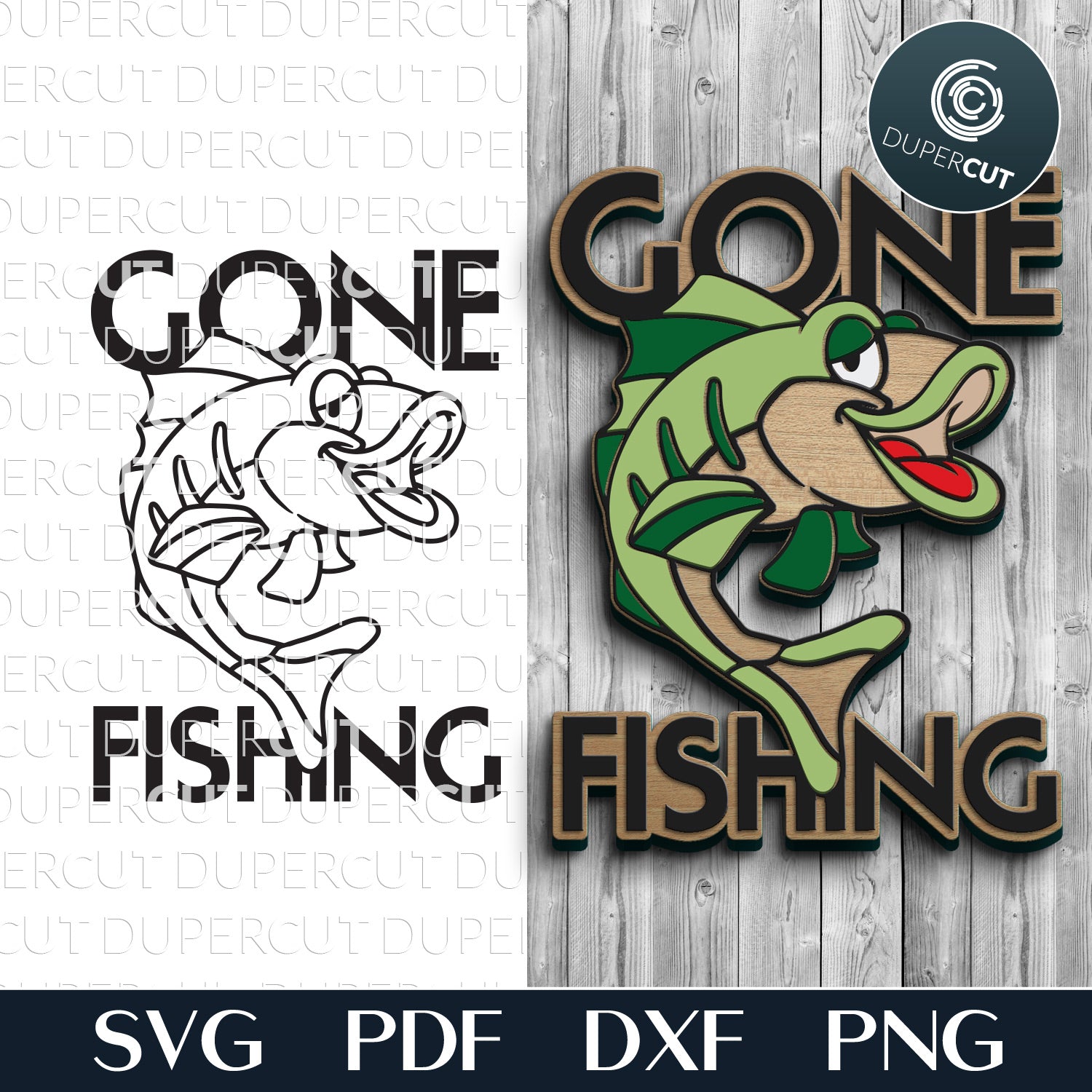 Gone Fishing door hanger - SVG DXF layered files for laser cutting with Glowforge, X-tool, Cricut, CNC plasma machines, scroll saw pattern by www.DuperCut.com