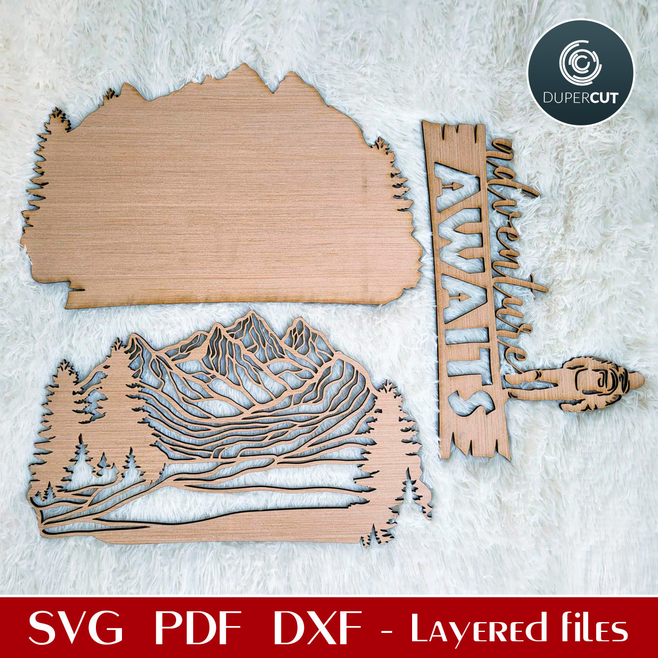 Adventure awaits mountain sign - SVG DXF layered cut files for laser and digital machines Glowforge, Xtool, Cricut, CNC plasma machines, scroll saw pattern by www.DuperCut.com