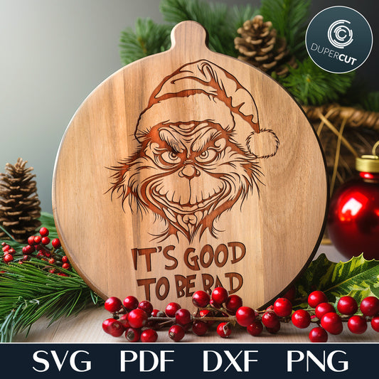 Grinch in Santa hat vector SVG file for laser engraving and cutting for Glowforge, Cricut, Xtool, CNC plasma machines by www.DuperCut.com