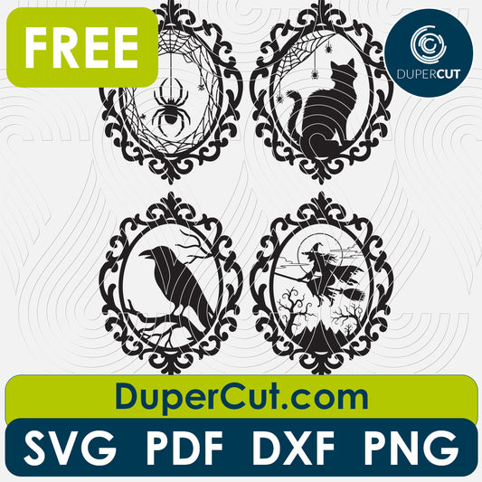 Free Halloween frames silhouettes bundle, Laser cut files for Glowforge, Xtool, Cricut, CNC plasma machines, free scroll saw pattern by www.dupercut.com