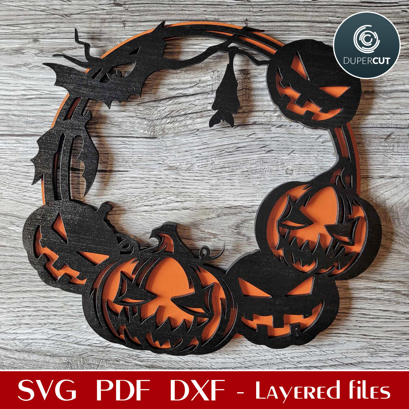 Halloween pumpkins door hanger sign - Layered SVG PDF DXF vector files for Glowforge, Cricut, Silhouette, laser cutting machines