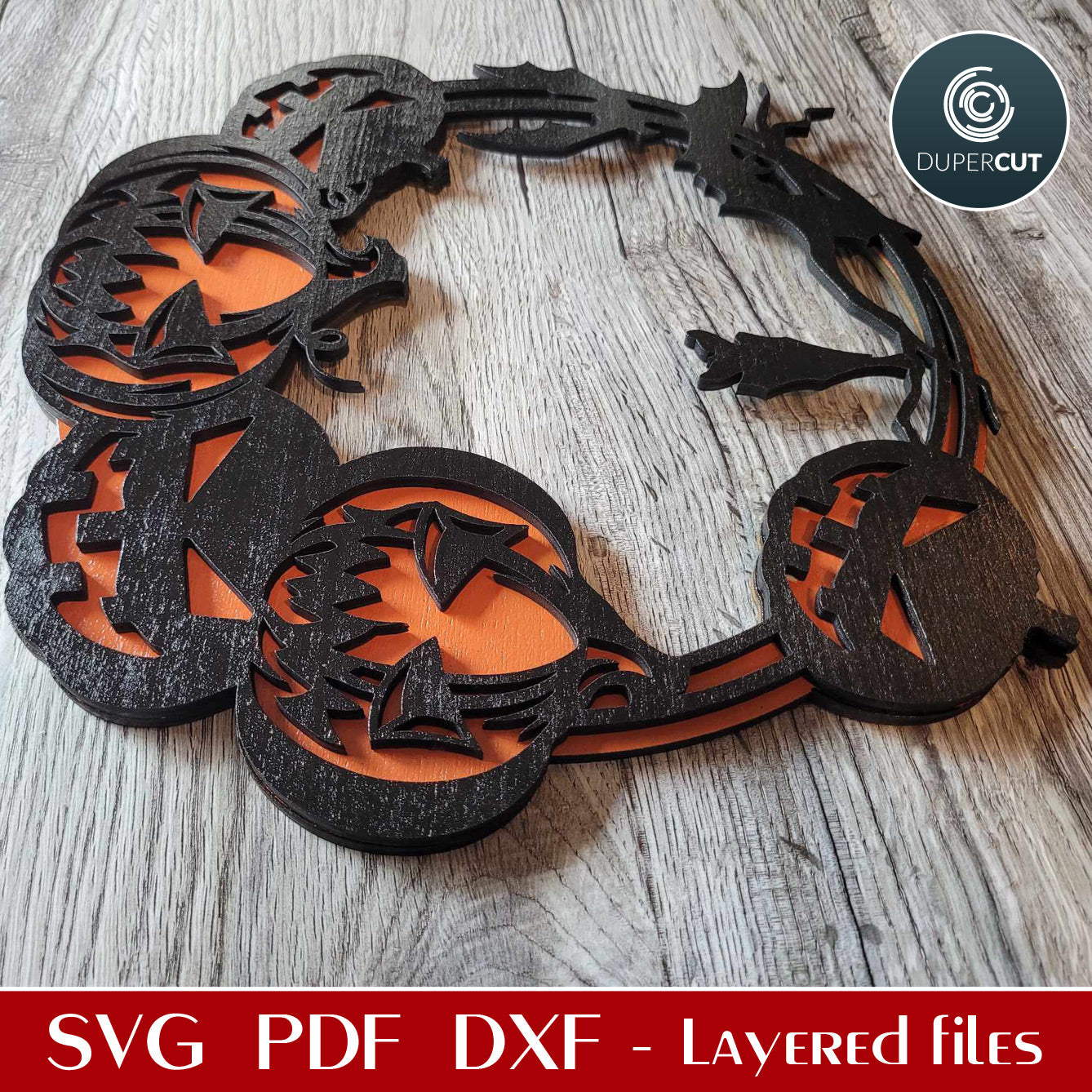 Halloween pumpkins door hanger sign - Layered SVG PDF DXF vector template for Glowforge, x-tool, cnc plasma machines, laser cutting machines, scroll saw pattern by www.DuperCut.com