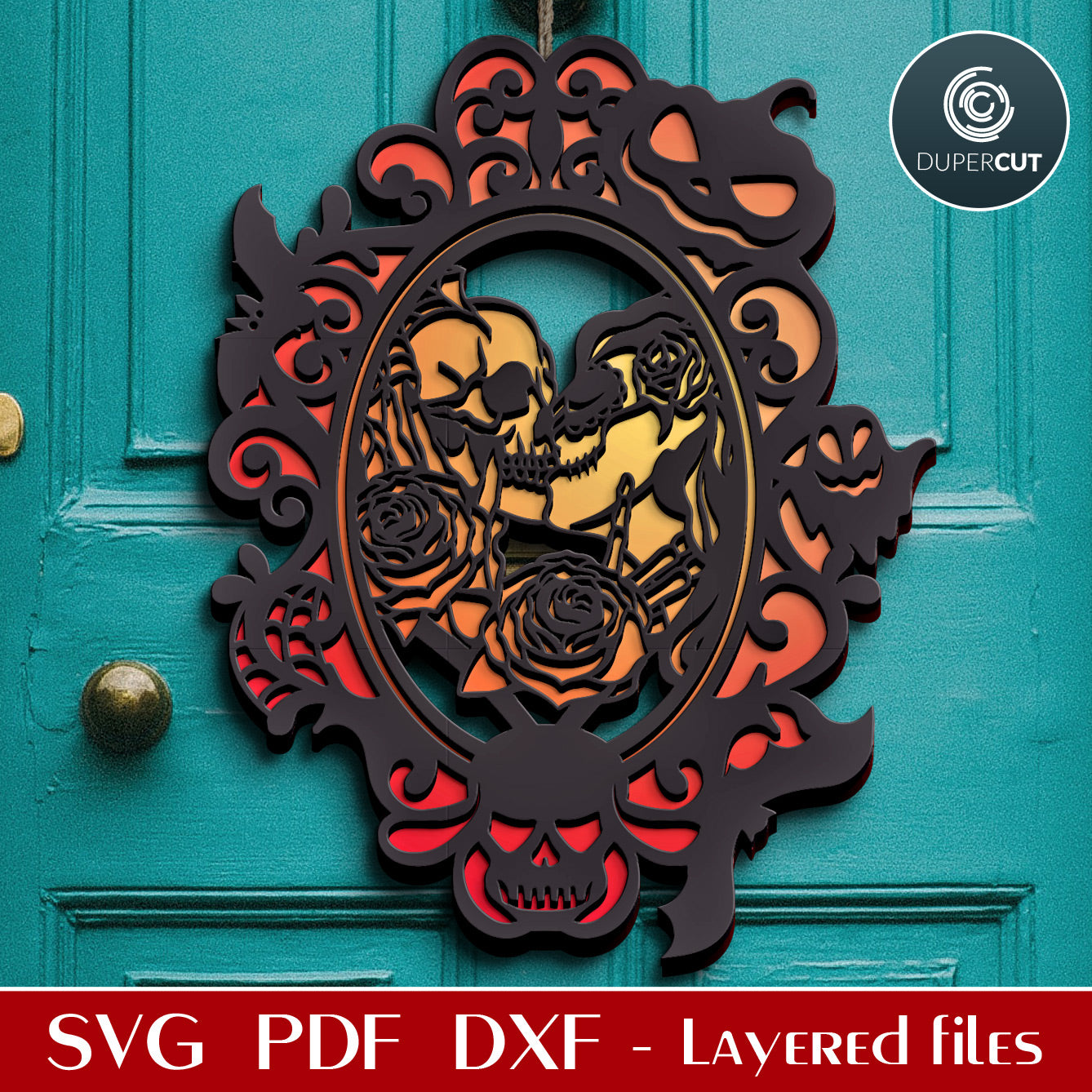 Skull kiss Halloween door hanger decoration - SVG DXF layered cut files for Glowforge, X-tool, Cricut, CNC plasma machines, scroll saw pattern by www.DuperCut.com