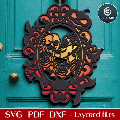 Skull kiss Halloween door hanger decoration - SVG DXF layered cut files for Glowforge, X-tool, Cricut, CNC plasma machines, scroll saw pattern by www.DuperCut.com