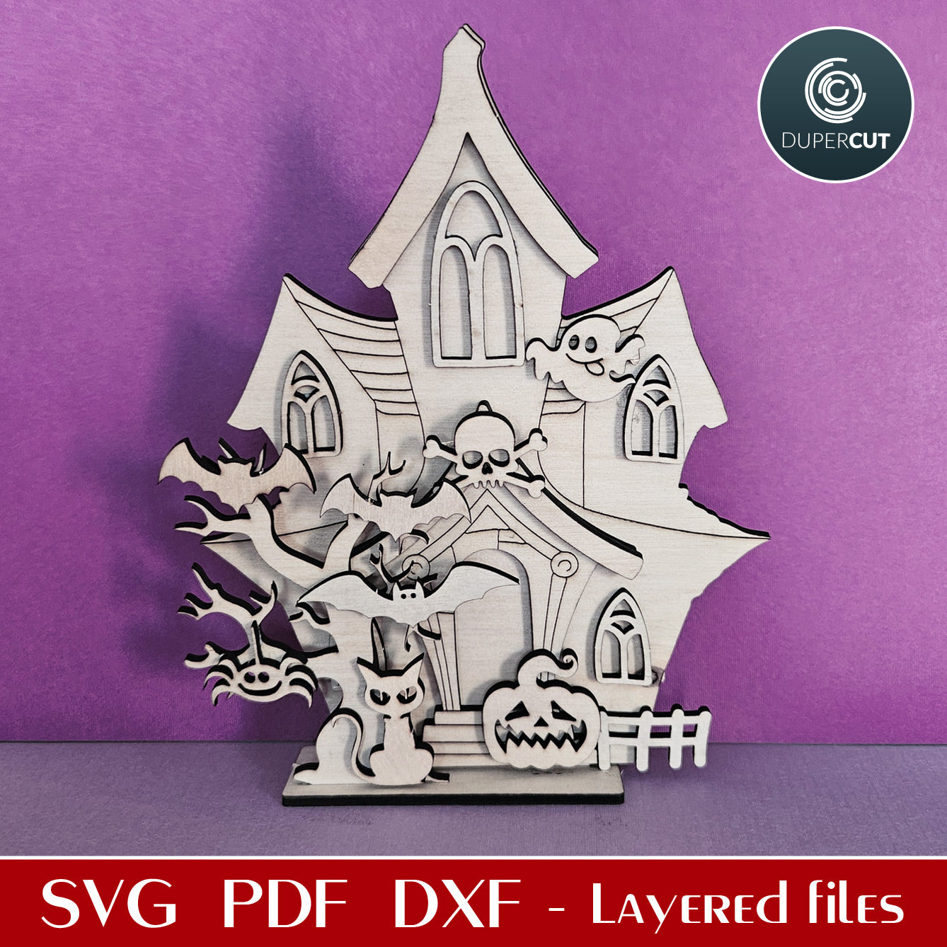 DIY Halloween craft activity kit for kids - Haunted House SVG pattern for laser cutting with Glowforge, Xtool, Cricut, CNC plasma machines by www.dupercut.com