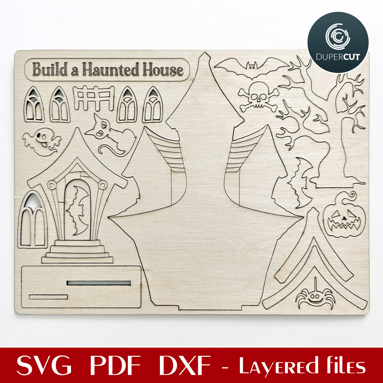 DIY Halloween wooden painting kit - Haunted House SVG pattern for laser cutting with Glowforge, Xtool, Cricut, CNC plasma machines by www.dupercut.com