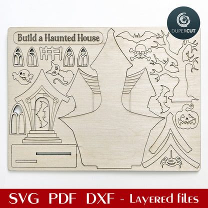 DIY Halloween wooden painting kit - Haunted House SVG pattern for laser cutting with Glowforge, Xtool, Cricut, CNC plasma machines by www.dupercut.com