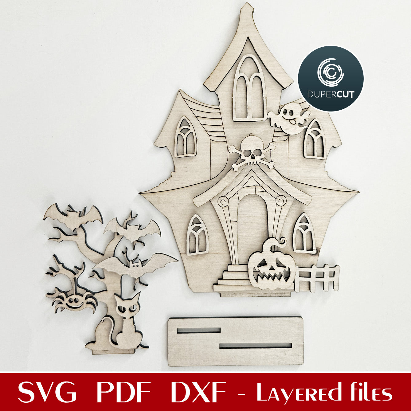 DIY Halloween wooden painting kit - Haunted House SVG pattern for laser cutting with Glowforge, Xtool, Cricut, CNC plasma machines by www.dupercut.com