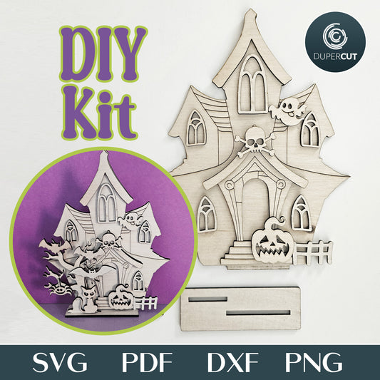 DIY Halloween craft activity kit for kids - Haunted House SVG pattern for laser cutting with Glowforge, Xtool, Cricut, CNC plasma machines by www.dupercut.com