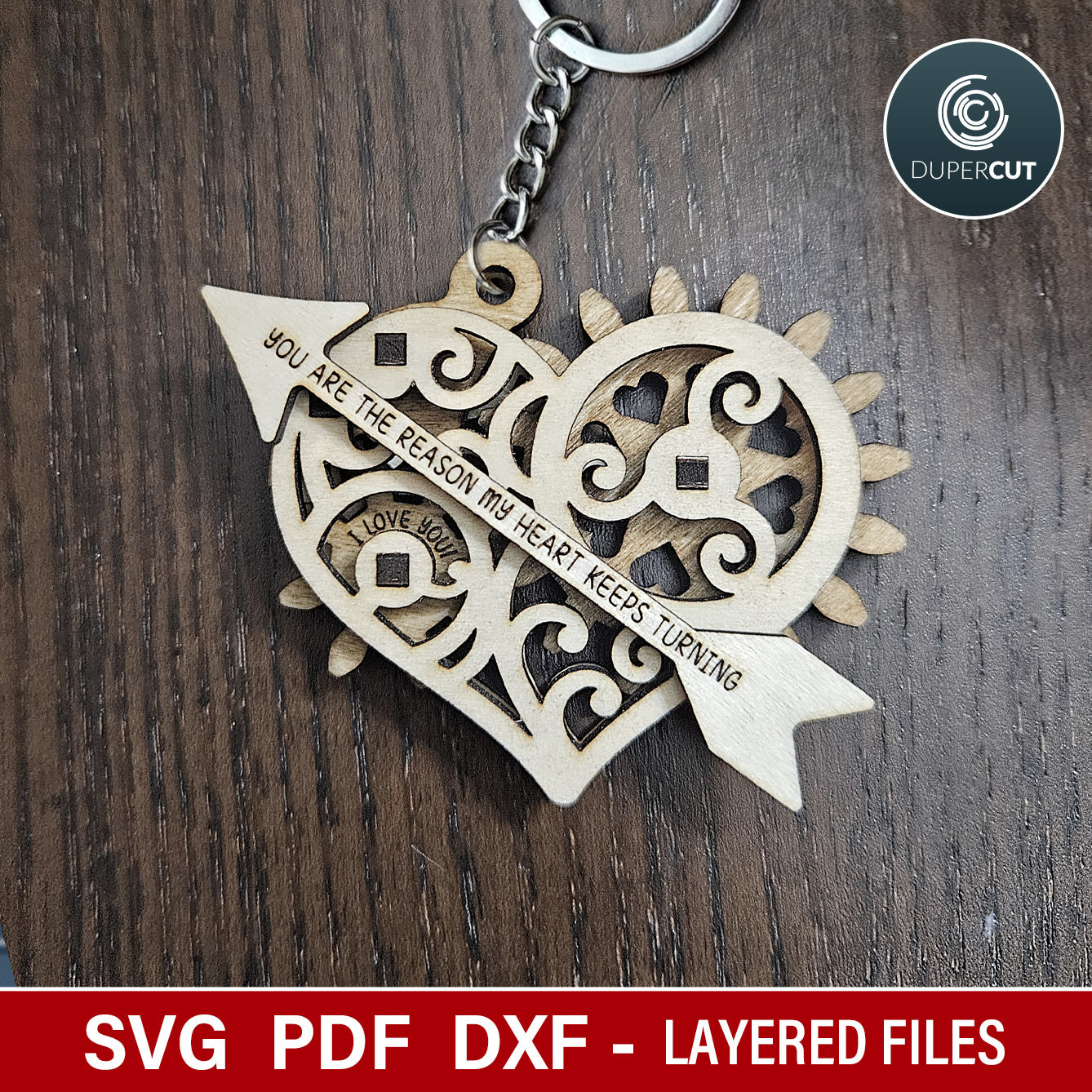 Mechanical heart with spinning gears. Valentines gift, scrap buster file idea. SVG vector template for laser cutting machines Glowfroge, Xtool by www.DuperCut.com
