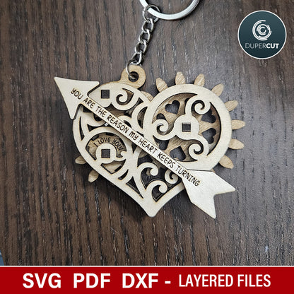 Mechanical heart with spinning gears. Valentines gift, scrap buster file idea. SVG vector template for laser cutting machines Glowfroge, Xtool by www.DuperCut.com