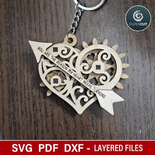 Mechanical heart with spinning gears. Valentines gift, scrap buster file idea. SVG vector template for laser cutting machines Glowfroge, Xtool by www.DuperCut.com