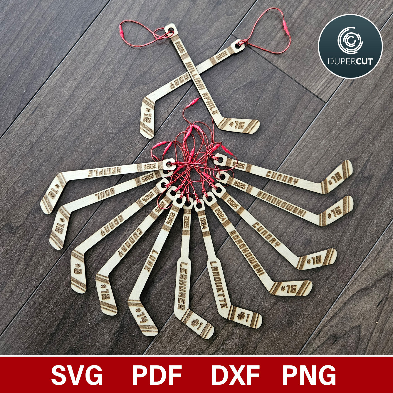 Personalized Hockey sticks, goalie sticks ornaments/tags - SVG vector file for laser cutting with Gloforge, Xtool, Facon, cnc plasma router machines by www.dupercut.com