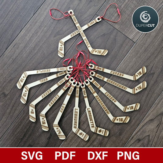 Personalized Hockey sticks, goalie sticks ornaments/tags - SVG vector file for laser cutting with Gloforge, Xtool, Facon, cnc plasma router machines by www.dupercut.com