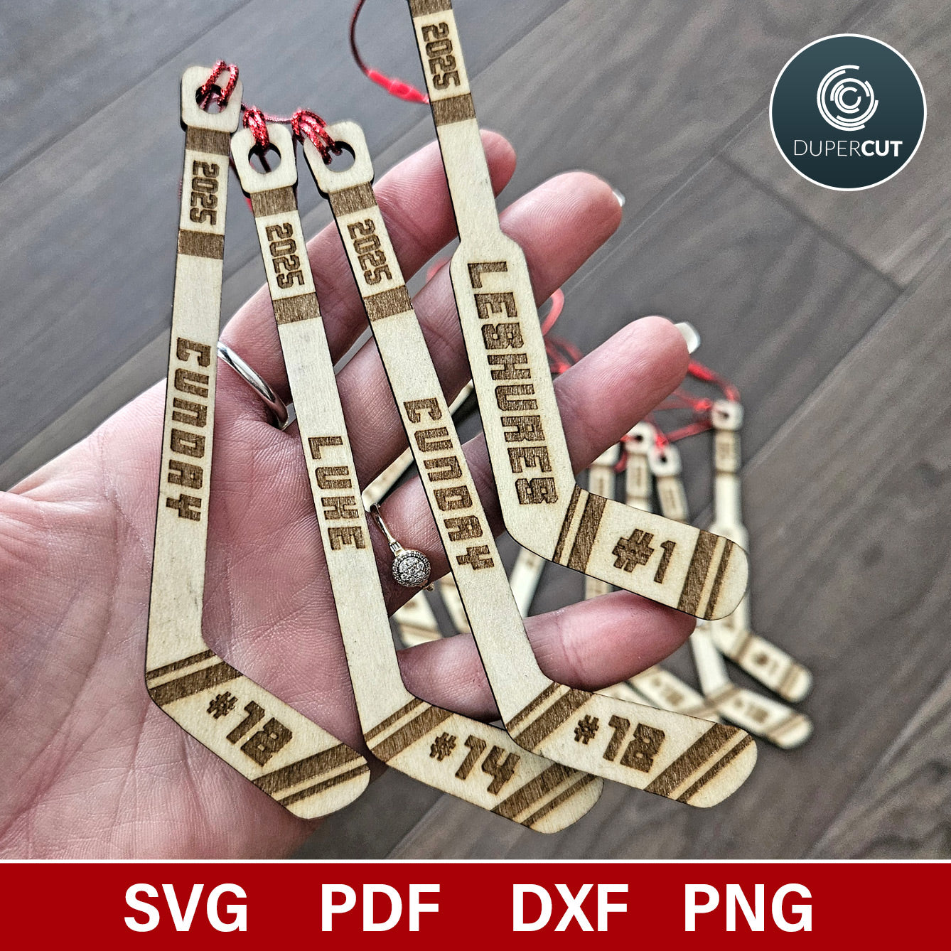 Personalized Hockey sticks, goalie sticks ornaments/tags, add custom name - SVG vector file for laser cutting with Gloforge, Xtool, Facon, cnc plasma router machines by www.dupercut.com