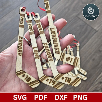 Personalized Hockey sticks, goalie sticks ornaments/tags, add custom name - SVG vector file for laser cutting with Gloforge, Xtool, Facon, cnc plasma router machines by www.dupercut.com