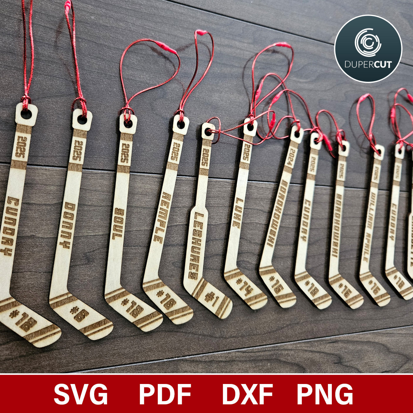 Personalized Hockey sticks, goalie sticks ornaments/tags - SVG vector file for laser cutting with Gloforge, Xtool, Facon, cnc plasma router machines by www.dupercut.com