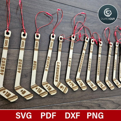 Personalized Hockey sticks, goalie sticks ornaments/tags - SVG vector file for laser cutting with Gloforge, Xtool, Facon, cnc plasma router machines by www.dupercut.com