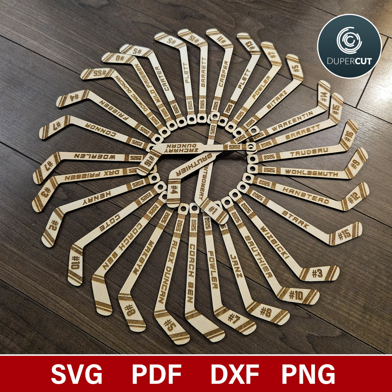 Hockey team ornaments Hockey sticks, goalie sticks ornaments/tags - SVG vector file for laser cutting with Gloforge, Xtool, Facon, cnc plasma router machines by www.dupercut.com