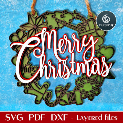Holiday wreath door hanger - Merry Christmas sign - SVG PDF DXF layered files for laser and digital cutting machines - Glowforge, Cricut, Silhouette, CNC plasma by DuperCut