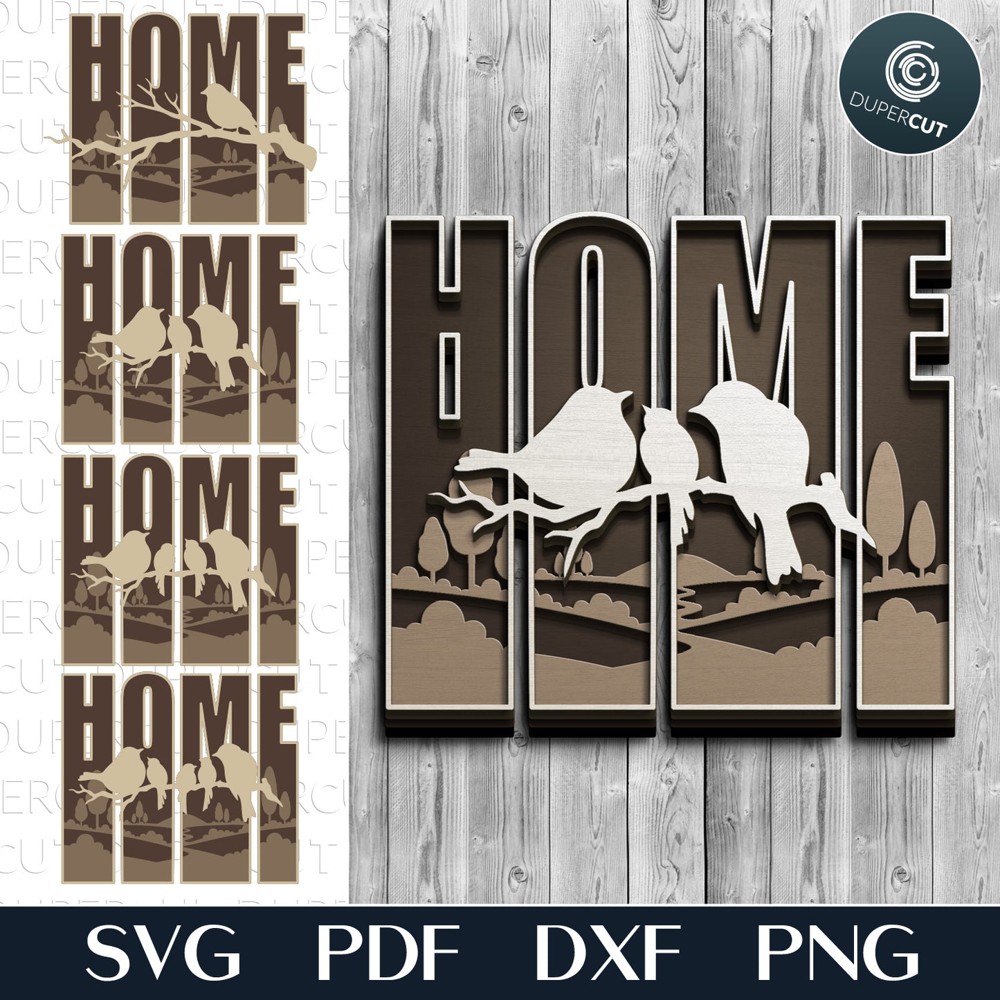 HOME family wall decor, birds on a branch layered laser cut file for Glowforge, Xtool, Cricut, CNC plasma machines by www.DuperCut.com