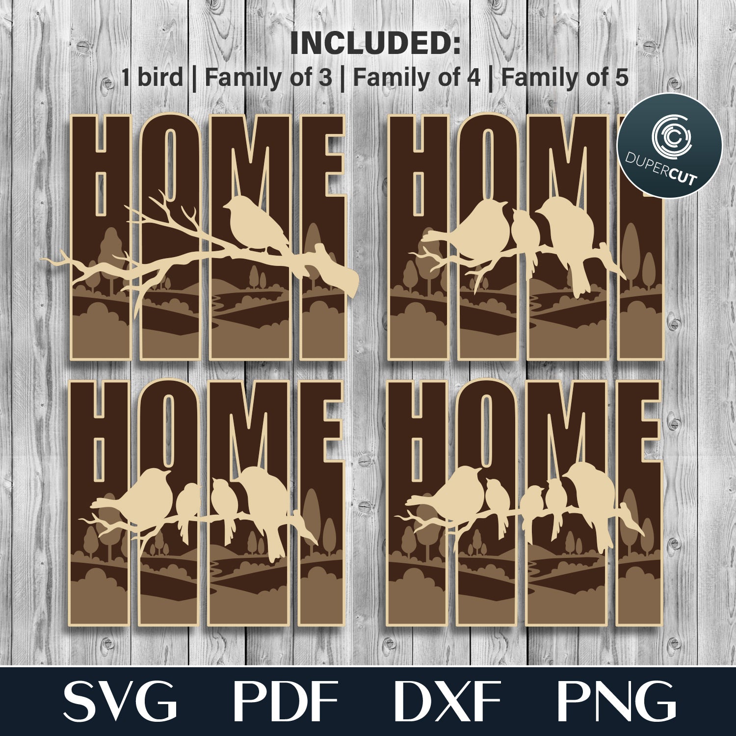 HOME family wall decor, birds on a branch layered laser cut file for Glowforge, Xtool, Cricut, CNC plasma machines by www.DuperCut.com