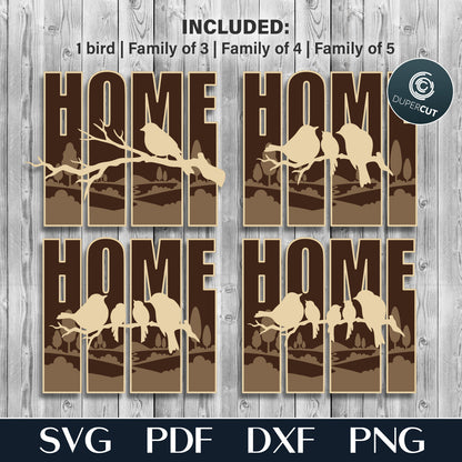 HOME family wall decor, birds on a branch layered laser cut file for Glowforge, Xtool, Cricut, CNC plasma machines by www.DuperCut.com