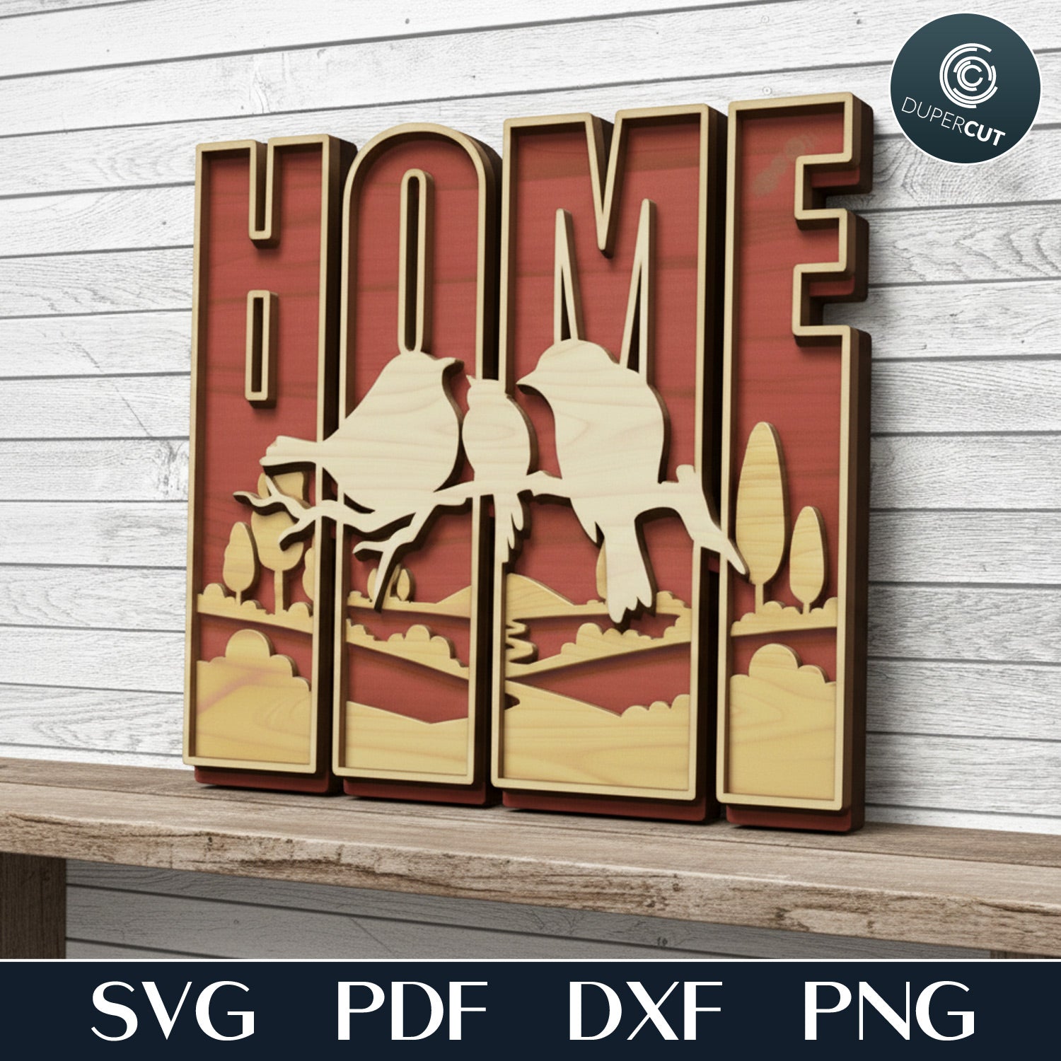 HOME family wall decor, four panel sign layered laser cut file for Glowforge, Xtool, Cricut, CNC plasma machines by www.DuperCut.com
