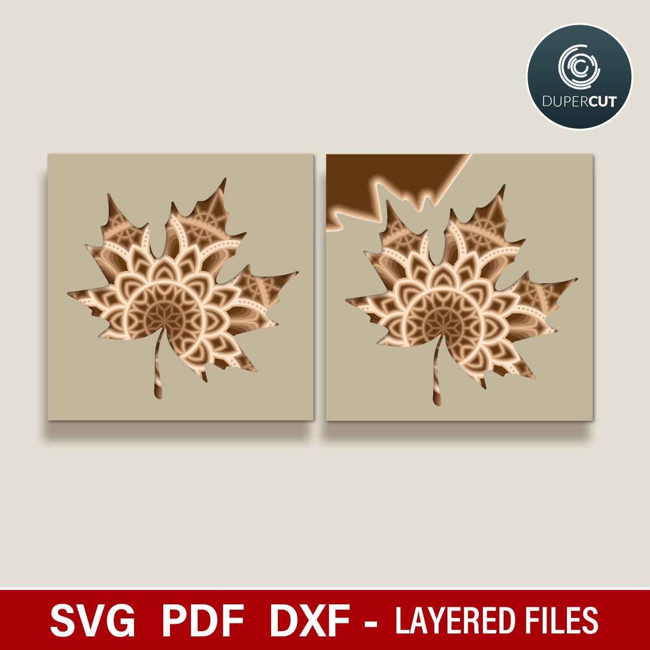 Mandala maple leaf multi-layer wall decoration - laser cutting SVG DXF files for Glowforge, Xtool, CNC plasma machines, scroll saw pattern by www.dupercut.com