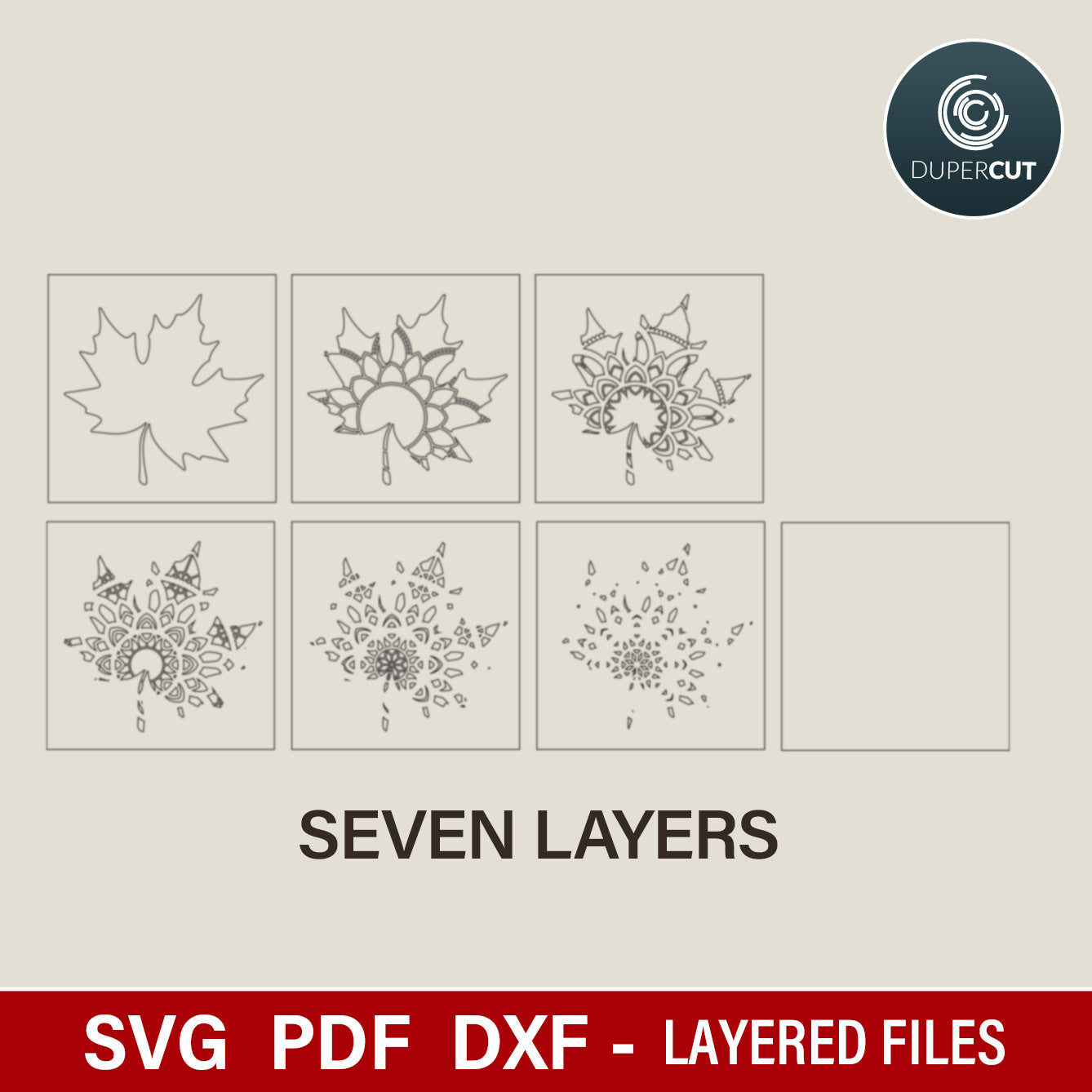 Mandala maple leaf multi-layer wall decoration - laser cutting SVG DXF files for Glowforge, Xtool, CNC plasma machines, scroll saw pattern by www.dupercut.com