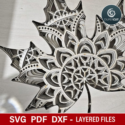 Canada flag Mandala maple leaf multi-layer wall decoration - laser cutting SVG DXF files for Glowforge, Xtool, CNC plasma machines, scroll saw pattern by www.dupercut.com