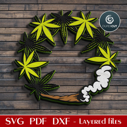 Cannabis weed door hanger wreath - SVG DXF vector files for laser cutting, Glowforge, Cricut, X-tool, CNC plasma machines, scroll saw pattern by www.DuperCut.com
