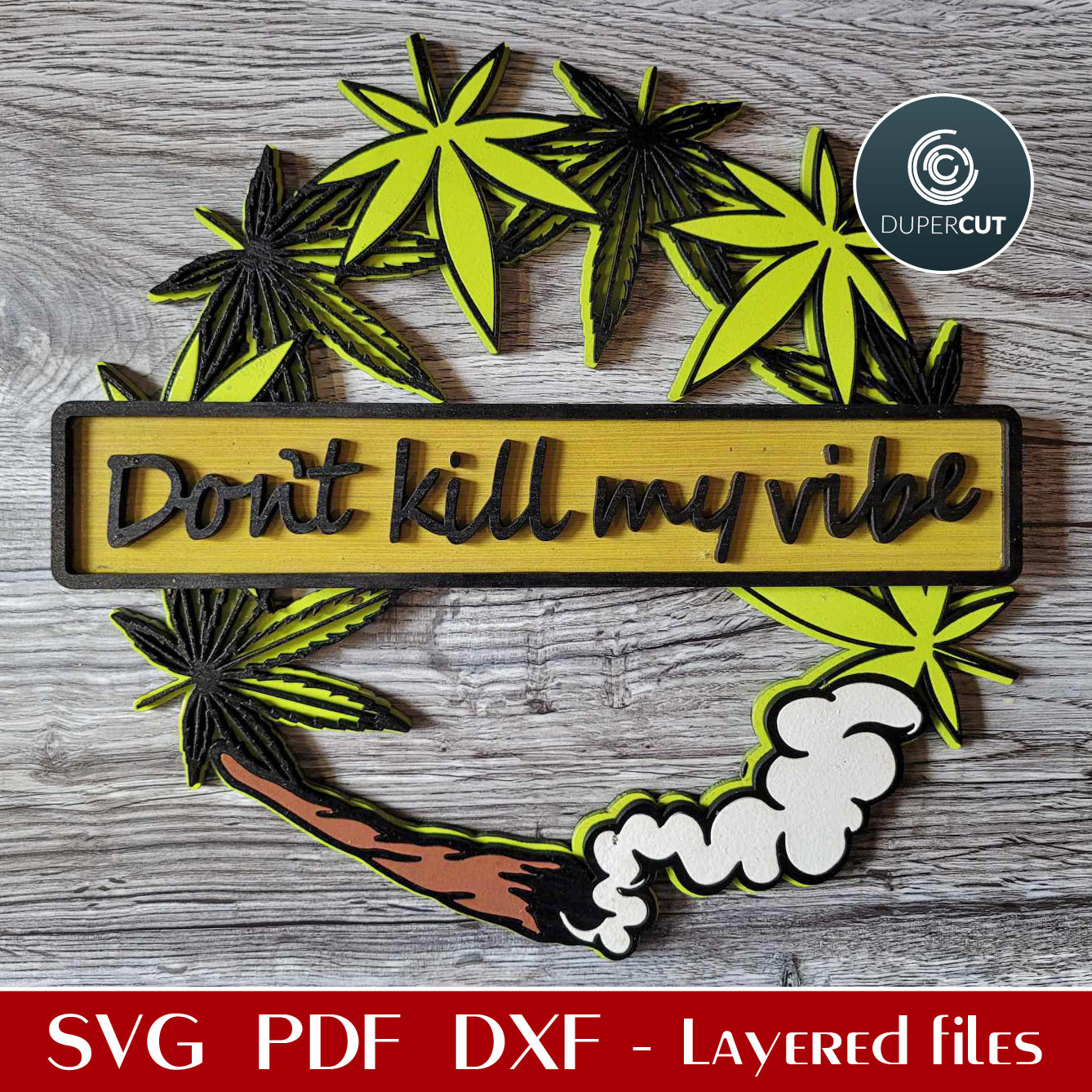 Cannabis weed door hanger wreath - SVG DXF vector files for laser cutting, Glowforge, Cricut, X-tool, CNC plasma machines, scroll saw pattern by www.DuperCut.com