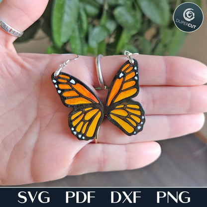Monarch butterfly earrings pattern for laser cutting machines, Glowforge, Xtool, Falcon, CNC plasma, SVG, DXF, PDF vector files by www.dupercut.com