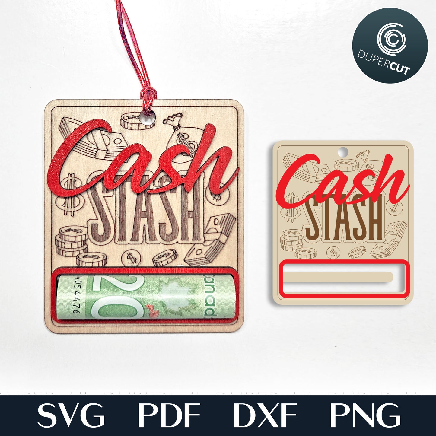 Cash Stash money holder Christmas ornament, personalized gift, laser cut vector SVG files template for Glowforge, Xtool, Falcon, Cricut, CNC plasma machines by www.DuperCut.com